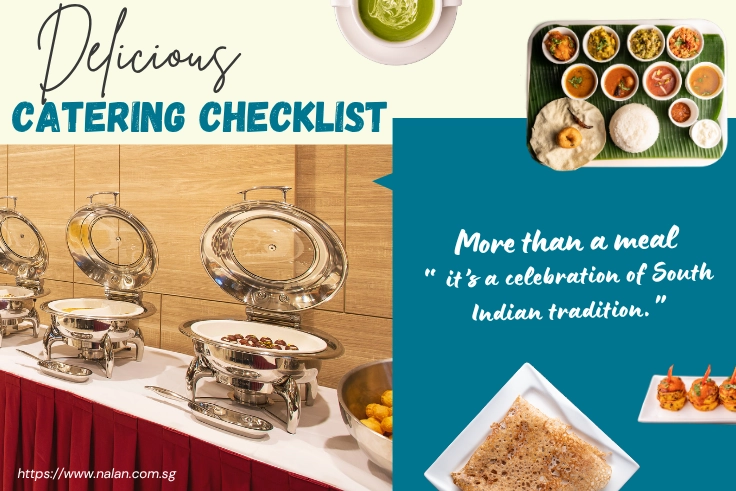 South Indian wedding buffet setup with delicious dishes and a checklist for perfect event catering